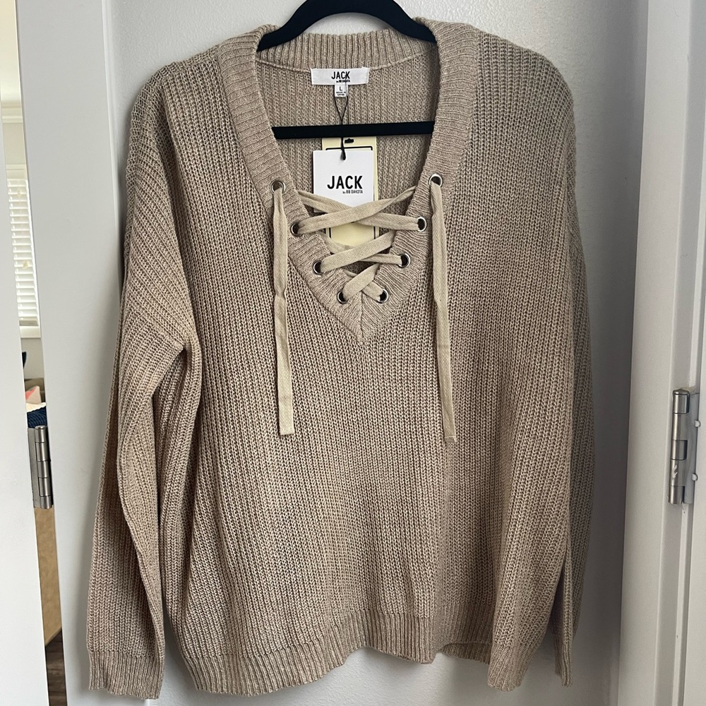 JACK BB Dakota Brown Lace Up V Neck Sweater